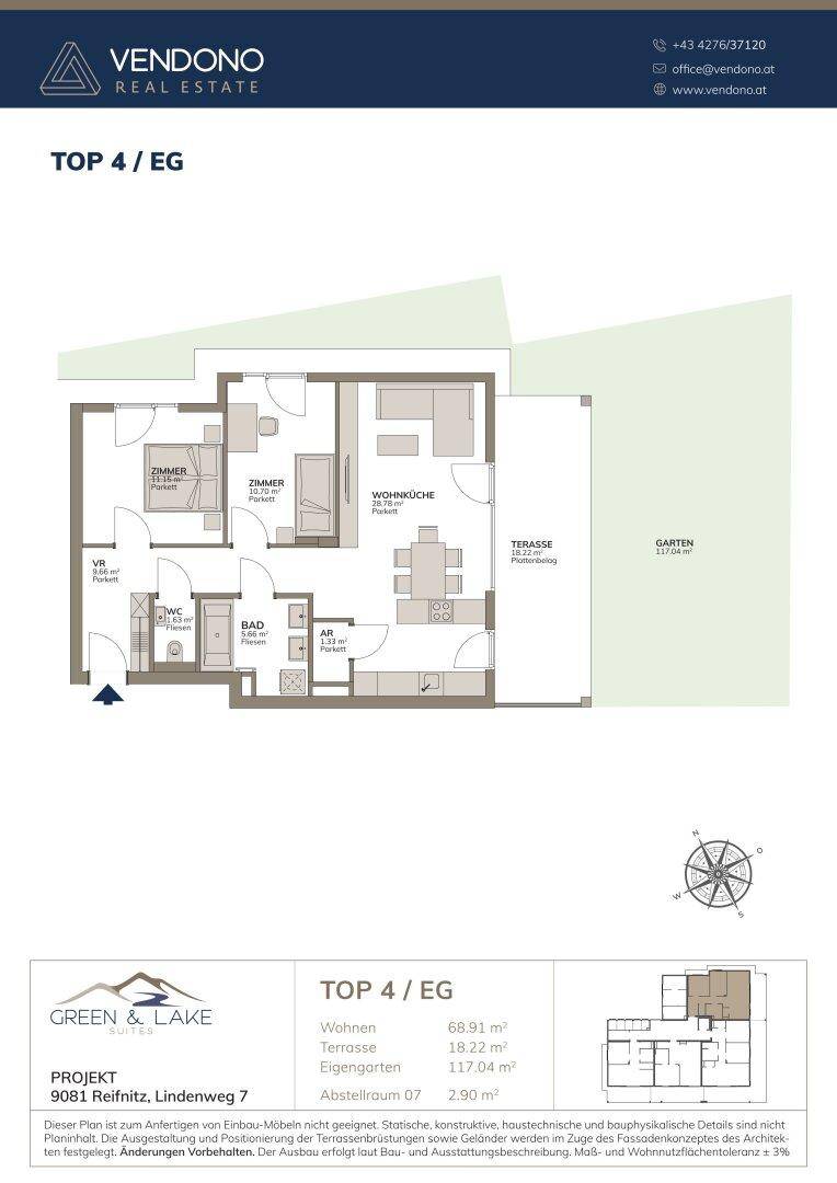 Grundriss einer Erdgeschosswohnung mit Wohnküche, zwei Schlafzimmern, Terrasse und eigenem Garten.