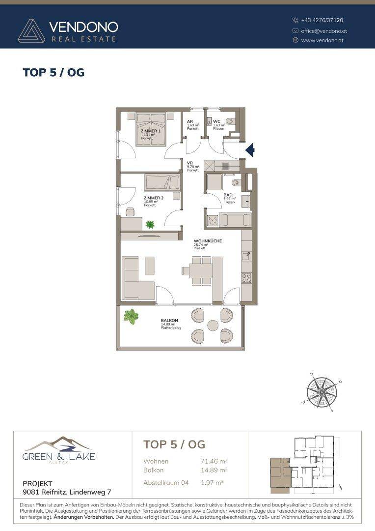 Grundriss der Wohnung TOP 5 im Obergeschoss mit zwei Schlafzimmern, Wohnküche und Balkon.