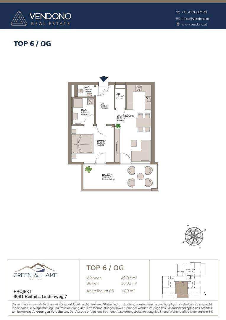 Grundriss der Wohnung TOP 6 im Obergeschoss mit Wohnküche, Schlafzimmer, Bad und Balkon.
