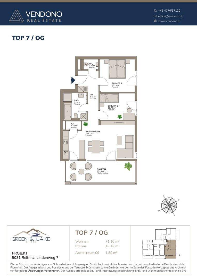 Grundriss der Wohnung TOP 7 im Obergeschoss mit Balkon, drei Zimmern und zwei Bädern.