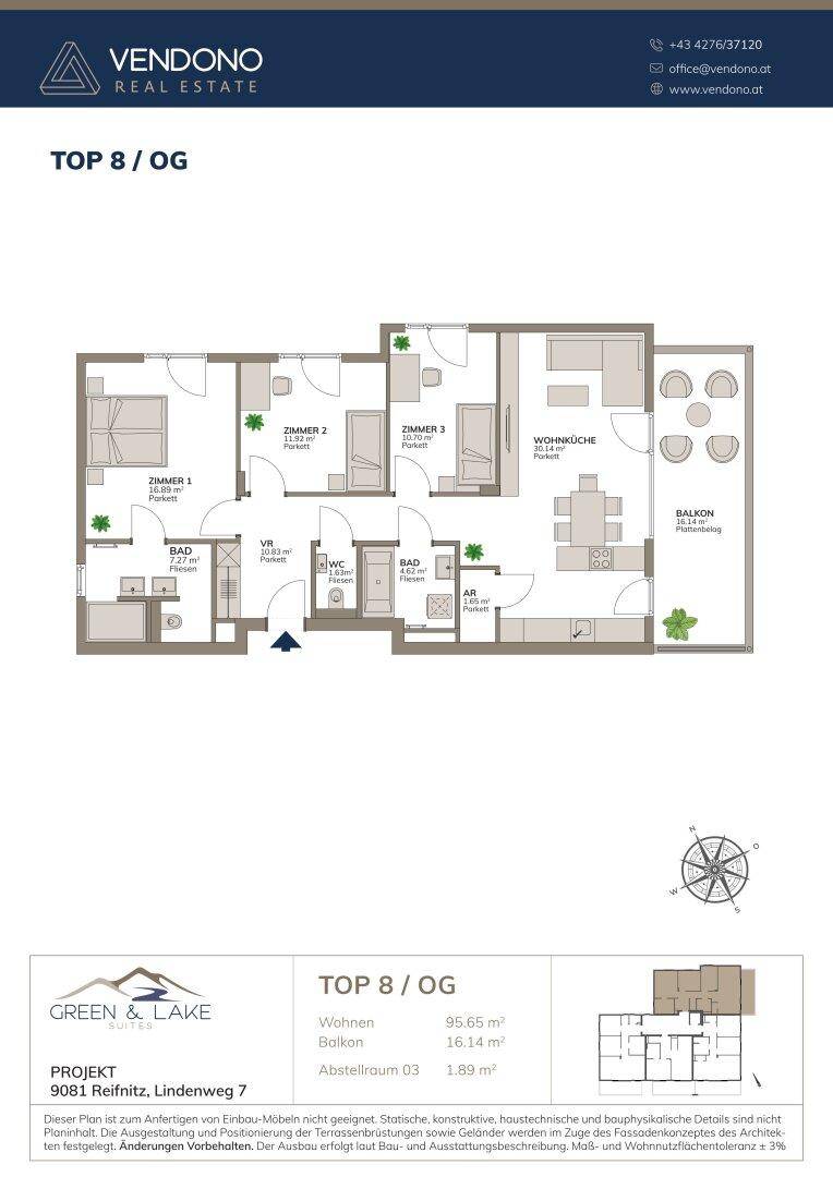 Grundriss der Wohnung TOP 8 im Obergeschoss mit drei Zimmern und Balkon.