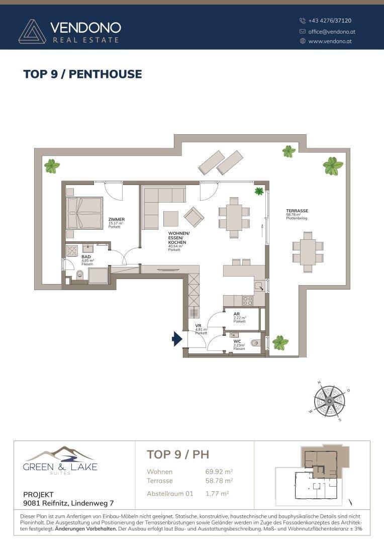 Grundriss der Penthouse-Wohnung Top 9 mit großer Terrasse und offenem Wohn- und Essbereich.