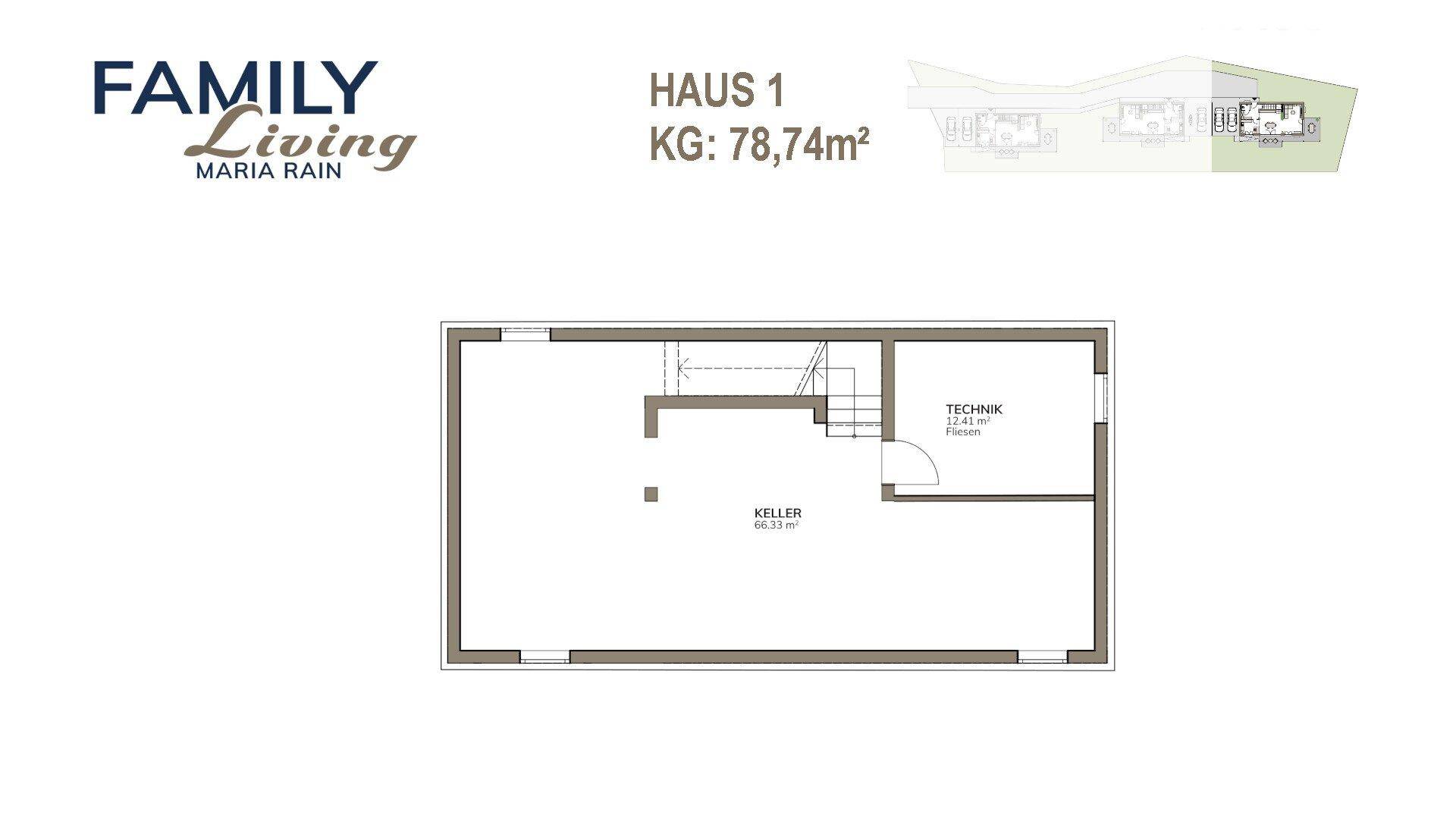 Grundriss des Kellergeschosses mit Technikraum und großem Kellerbereich.