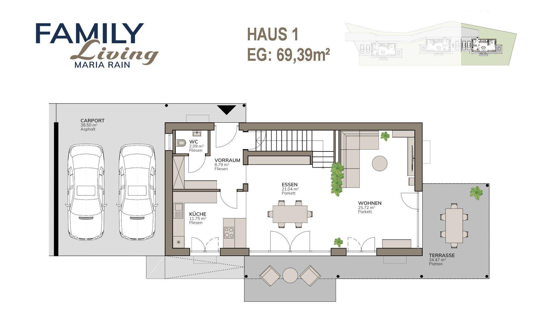 Grundriss des Erdgeschosses mit offenem Wohnbereich, Küche, Carport und Terrasse.