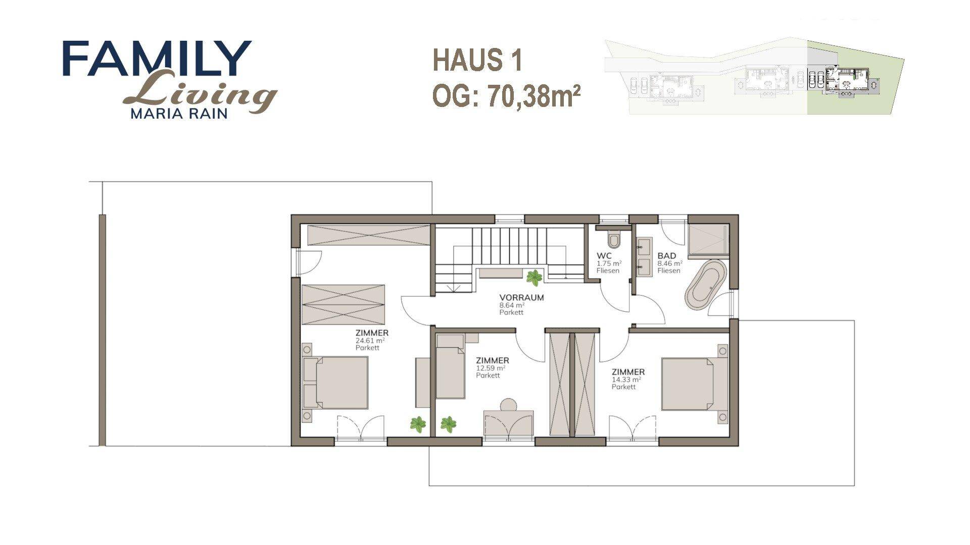 Grundriss des Obergeschosses mit drei Schlafzimmern, Bad und separatem WC.