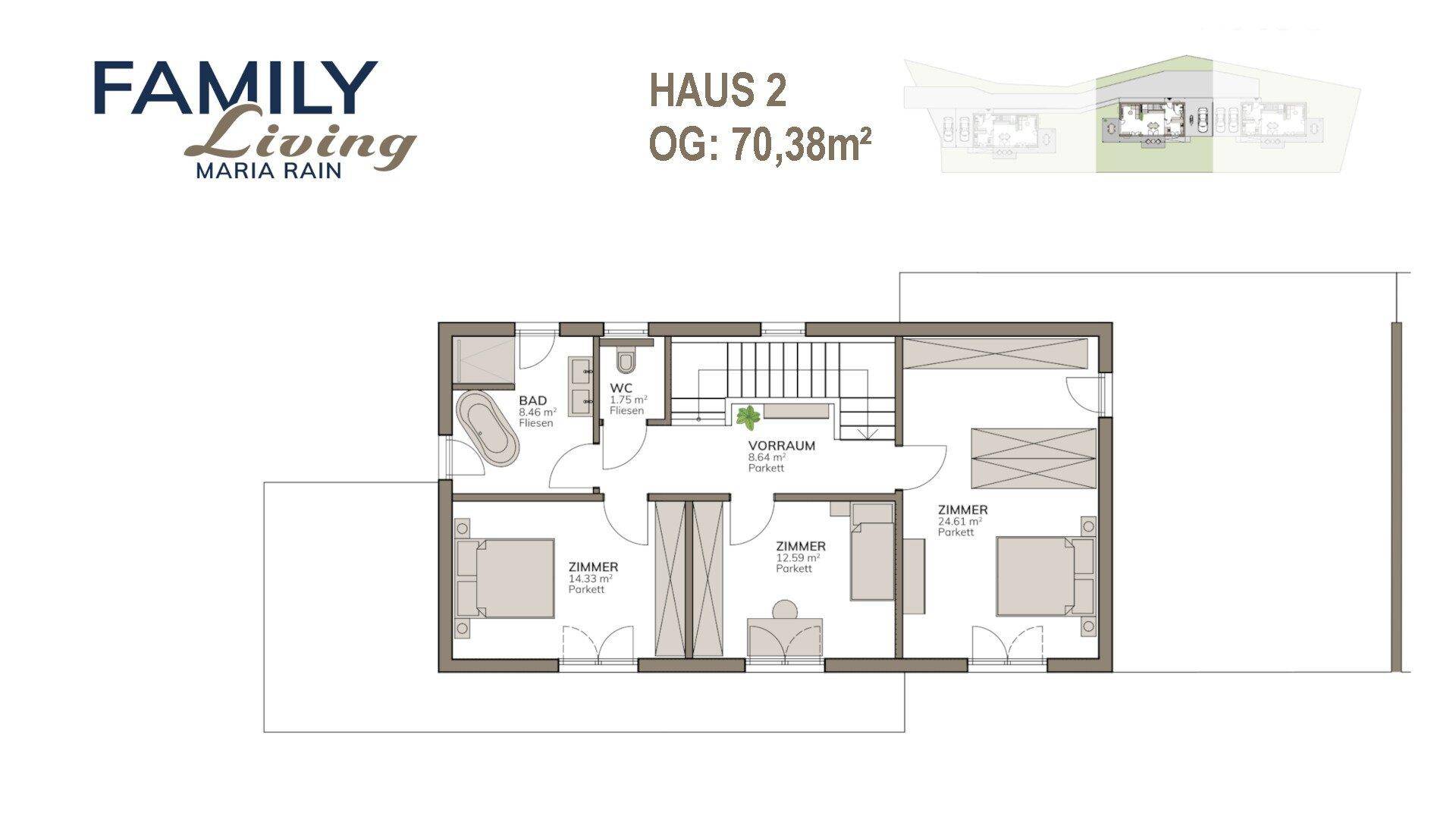 Grundriss des Obergeschosses mit drei Schlafzimmern, einem Badezimmer und einem separaten WC.