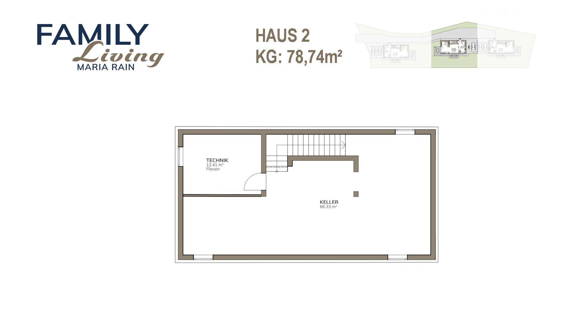 Grundriss des Kellergeschosses mit Technikraum und großem Kellerraum für Lagerzwecke.