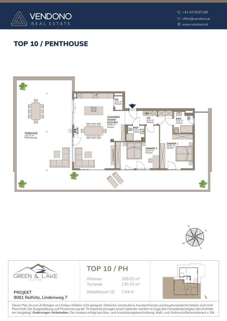 Grundrissplan eines Penthouses mit offenem Wohnbereich, zwei Schlafzimmern, zwei Bädern und großer Terrasse.