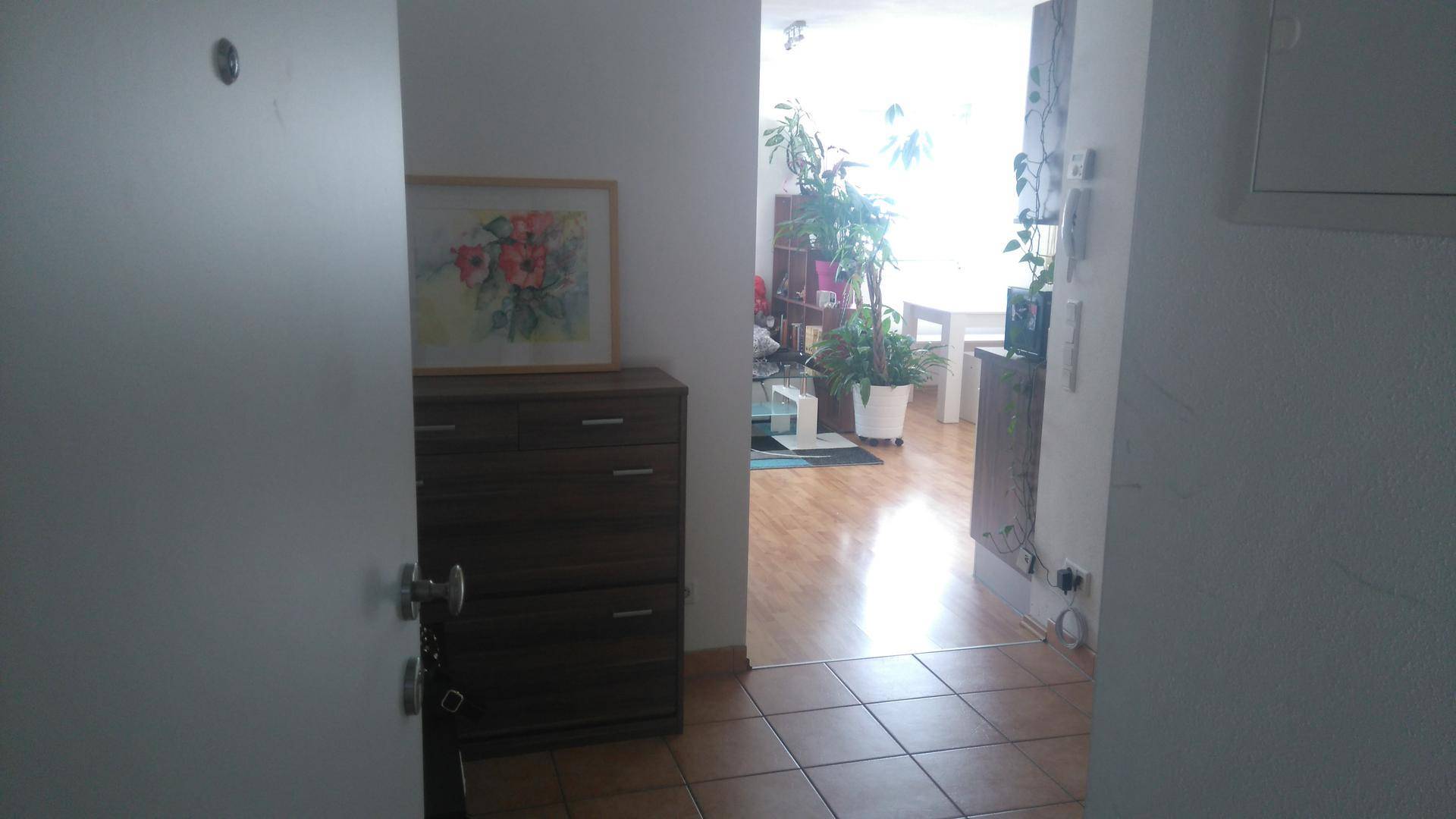 Eingangsbereich mit Fliesenboden und Blick in den hellen Wohnbereich.