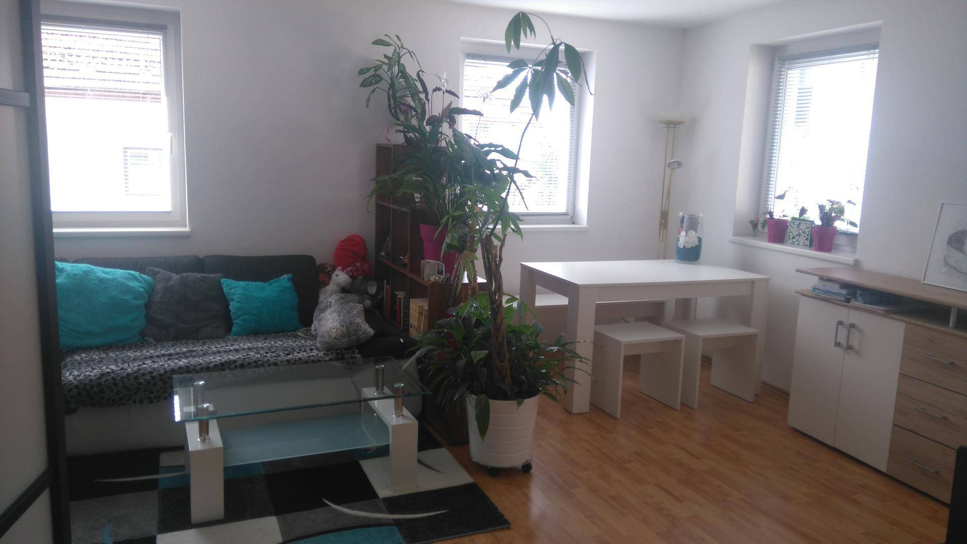 Gemütlicher Wohnbereich mit Sofa, Couchtisch und kleinem Esstisch am Fenster.