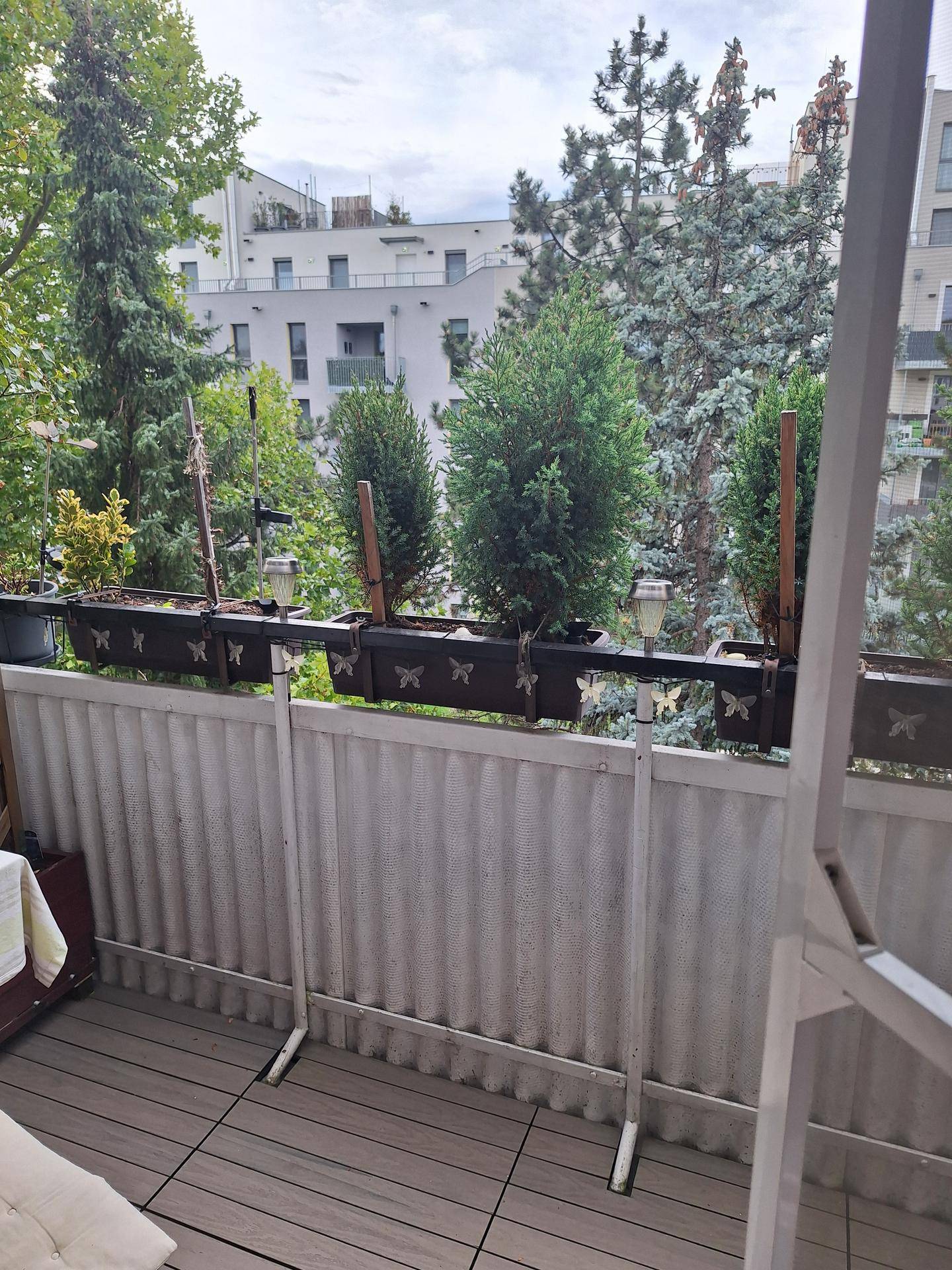 Balkon mit Holzboden, Pflanzen und Blick auf die umliegenden Gebäude und Bäume.