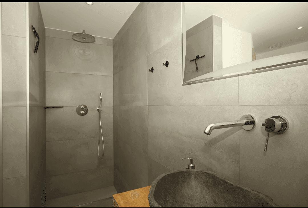 Moderne Dusche mit Regenduschkopf und stilvollem Steinwaschbecken auf Holzunterschrank.