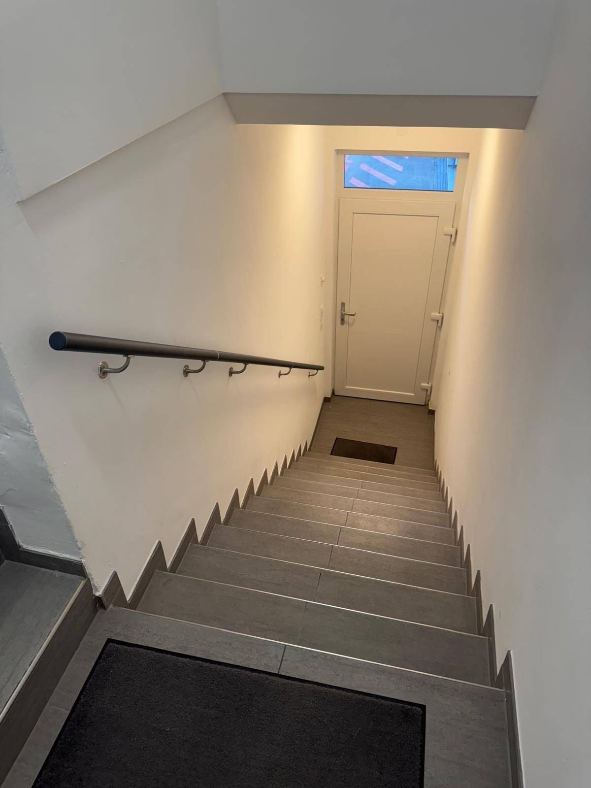 Treppenhaus mit Handlauf und Stufen, die nach unten führen, beleuchtet durch ein Fenster über der Tür.