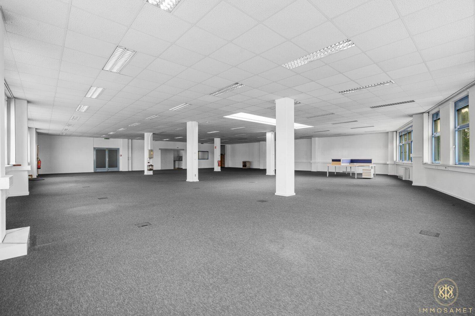 Weitläufiges, leeres Büro mit Teppichboden und Säulen, bietet viel Platz für individuelle Raumkonzepte und Gestaltung.