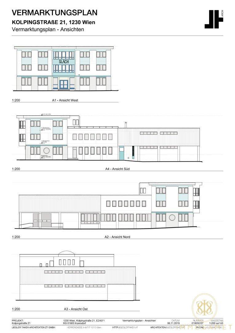 Architektonische Ansichten des Gebäudes von verschiedenen Seiten, inklusive Fassadendetails.