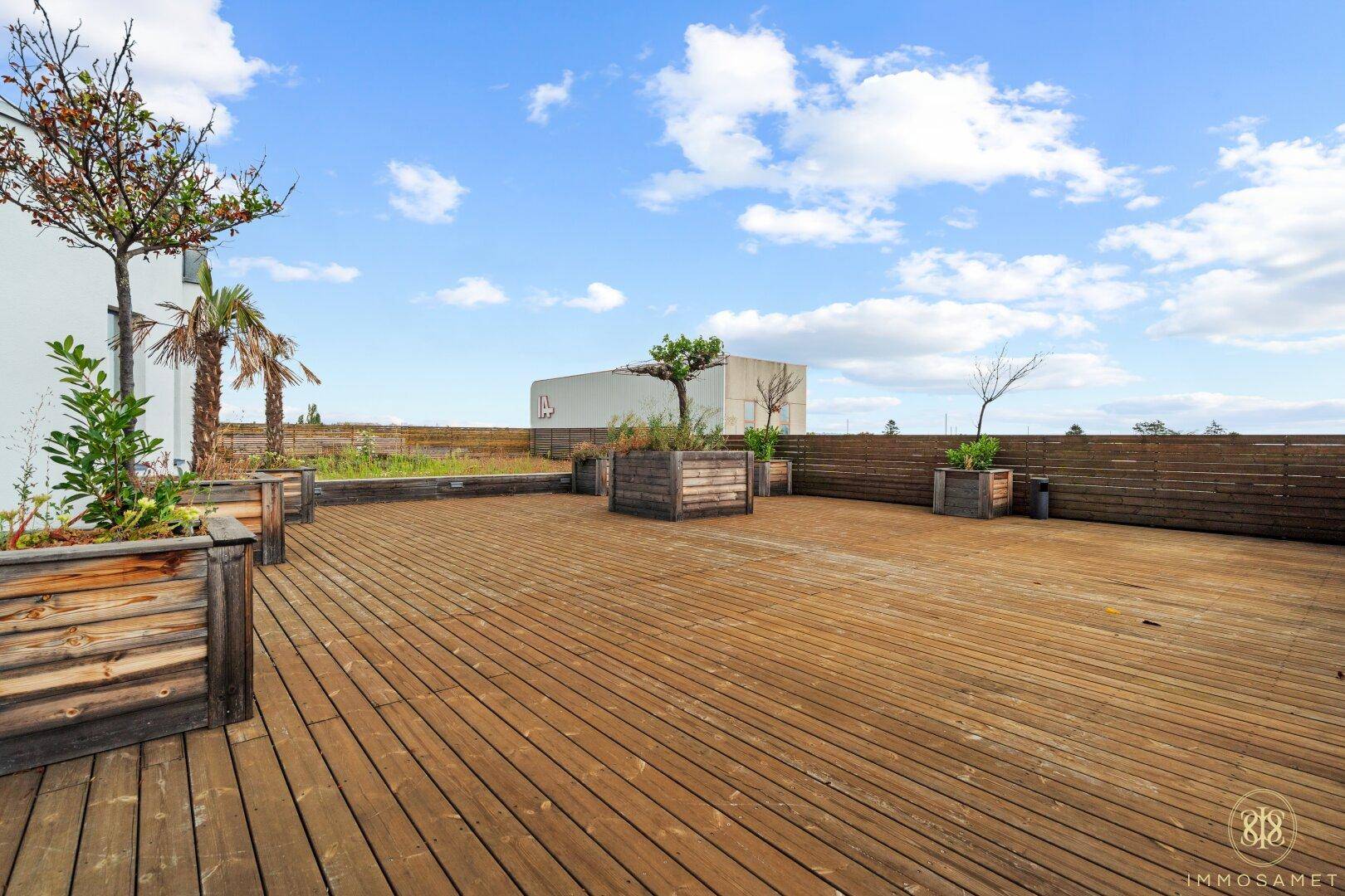 Große Dachterrasse mit Holzbelag, Pflanzkübeln und weitem Blick, ideal zum Entspannen.