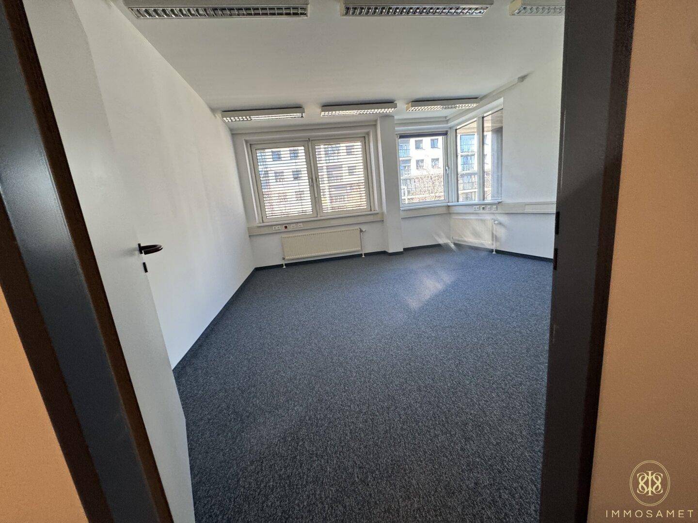 Geräumiges, leeres Büro mit Teppichboden und einer Fensterfront, die den Raum hell erscheinen lässt.
