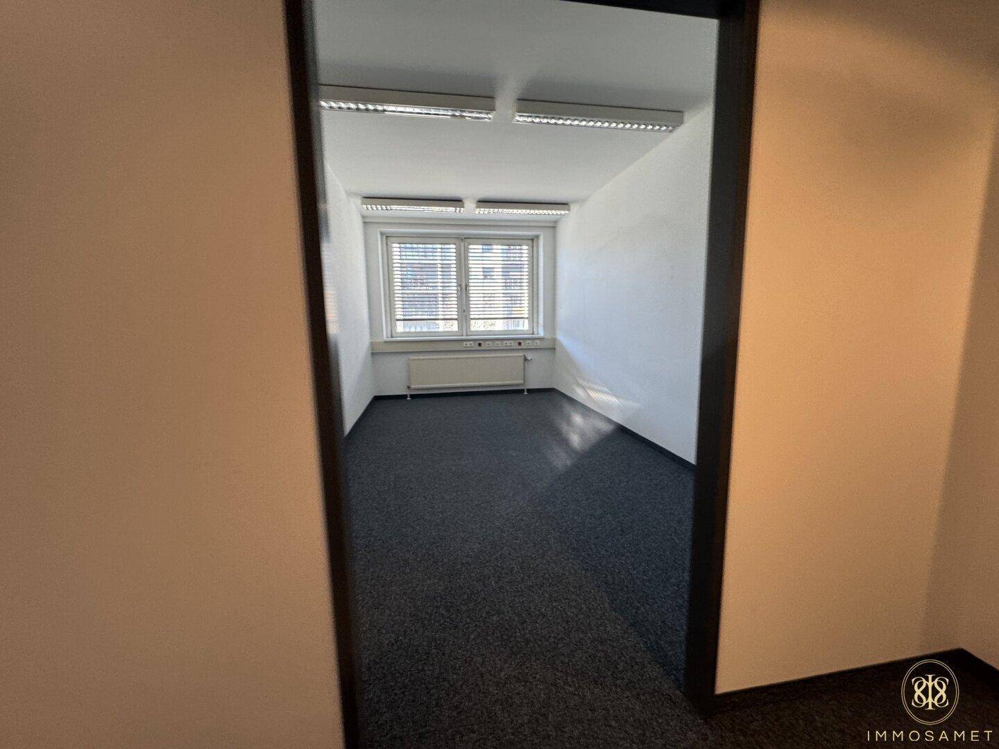 Blick in ein leeres Büro mit Teppichboden und einem Fenster, das Tageslicht in den Raum bringt.