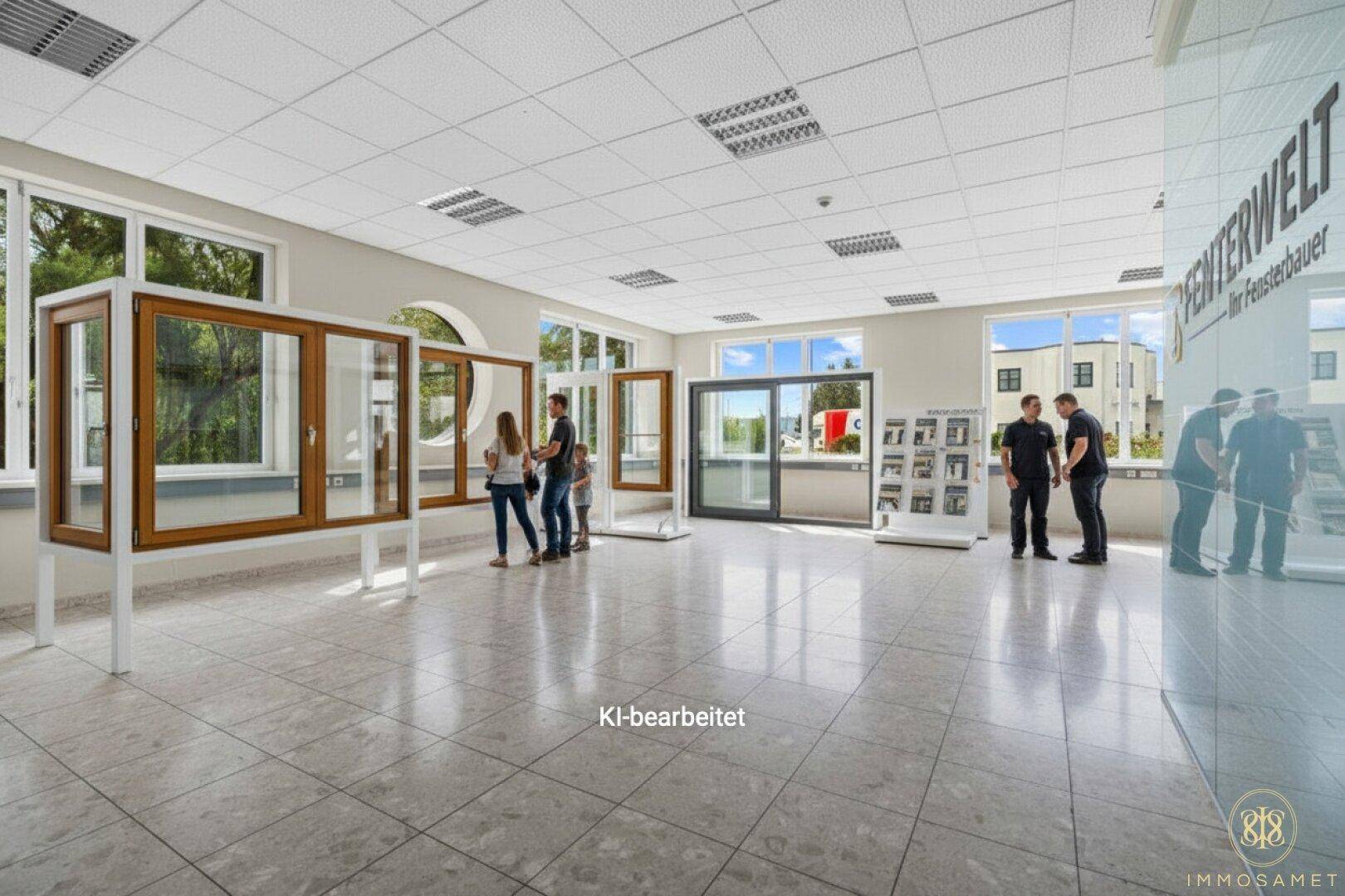 Heller Ausstellungsraum mit verschiedenen Fenstern und Türen, Fliesenboden und Blick nach draußen.