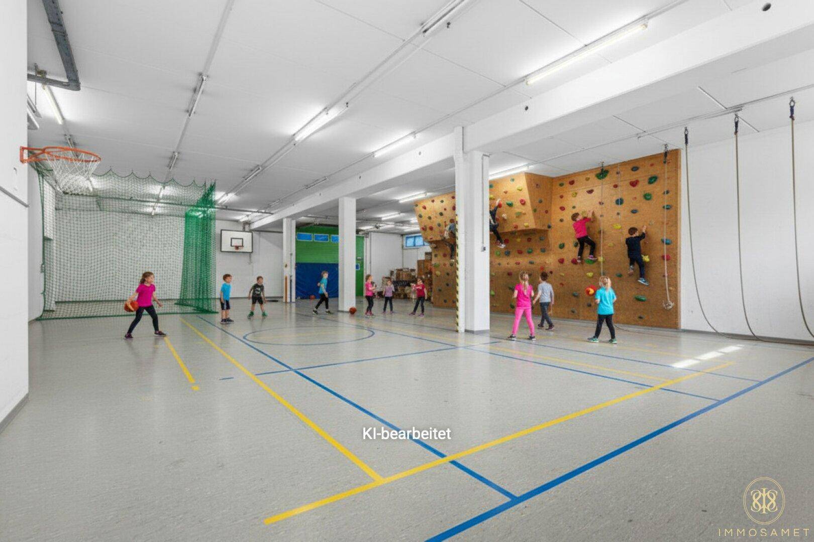 Große Sporthalle mit Kletterwänden, Basketballkorb und markiertem Boden für verschiedene Aktivitäten.