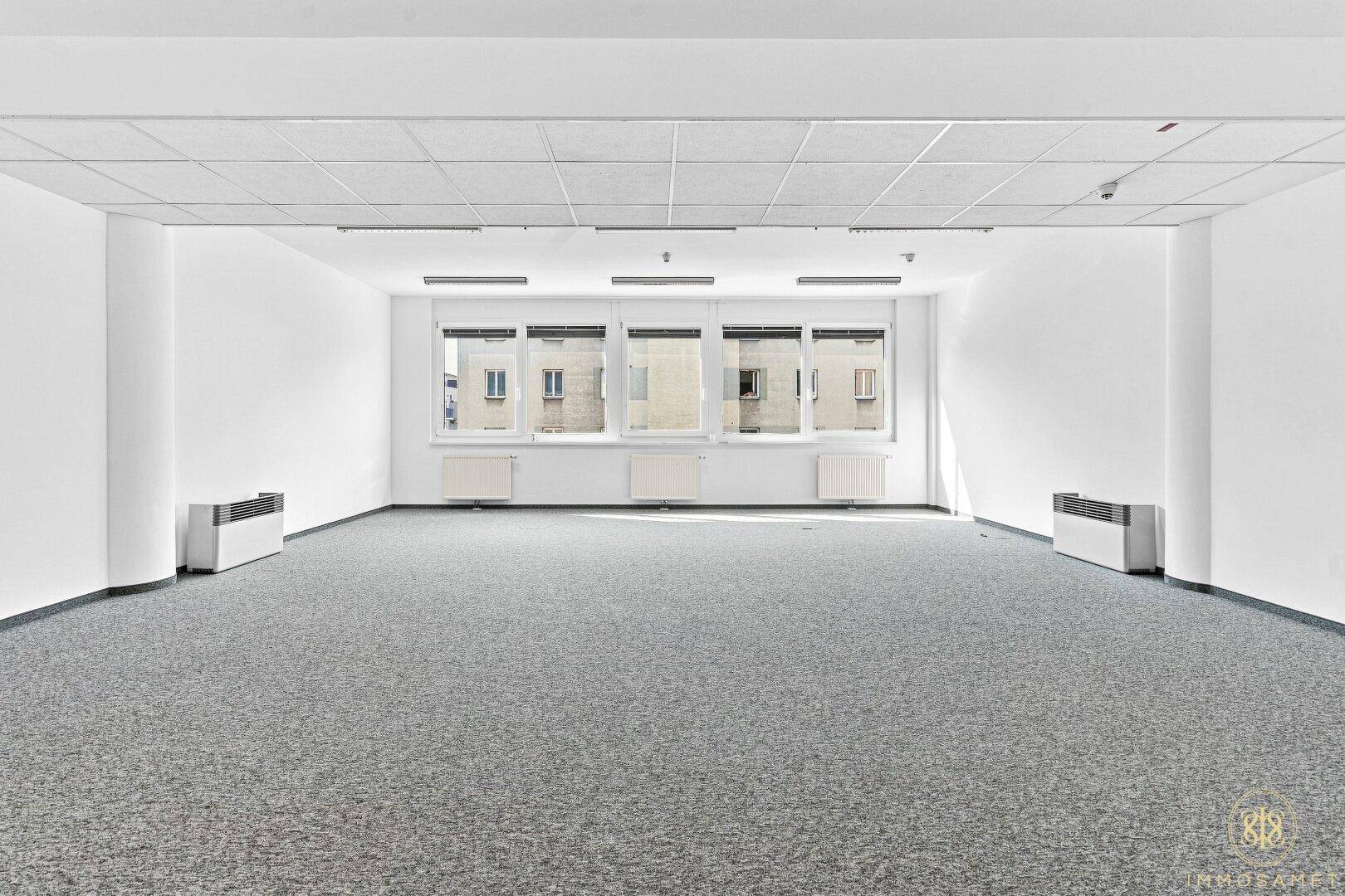 Weitläufiger Bürobereich mit Teppichboden, weißen Wänden und einer Reihe von Fenstern, die Tageslicht hereinlassen.