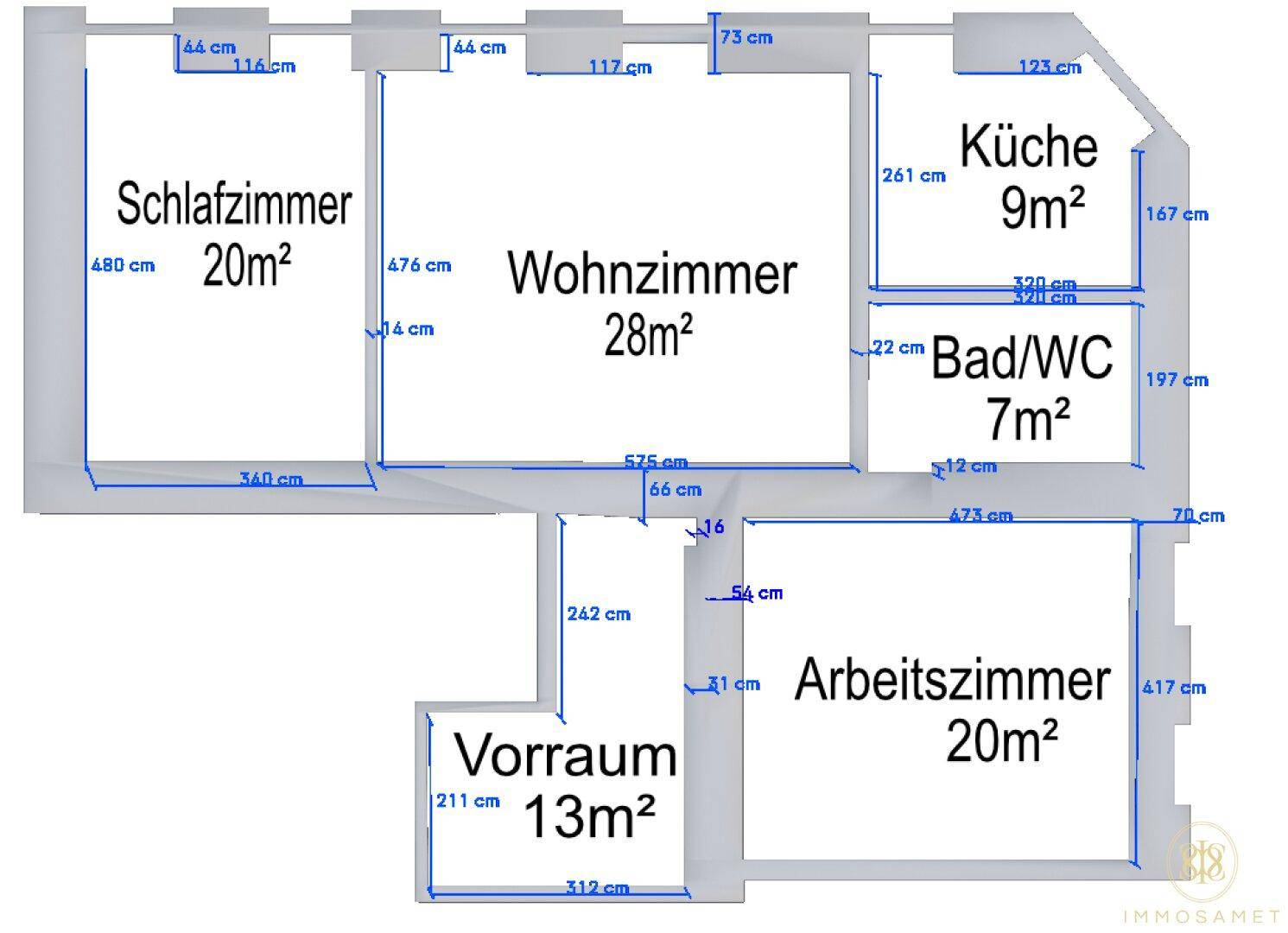 Übersichtlicher Grundriss mit Raumbezeichnungen und genauen Maßangaben für Schlafzimmer, Wohnzimmer und Küche.