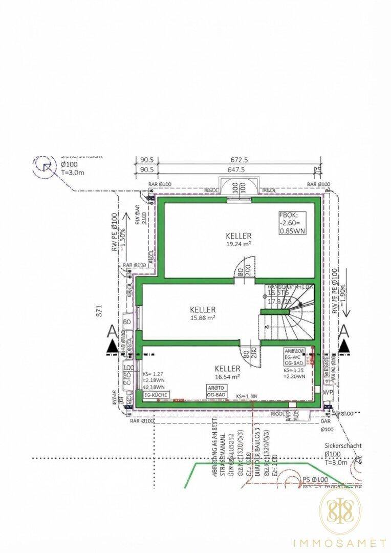 Grundriss des Kellergeschosses mit mehreren Kellerräumen und Treppenaufgang.