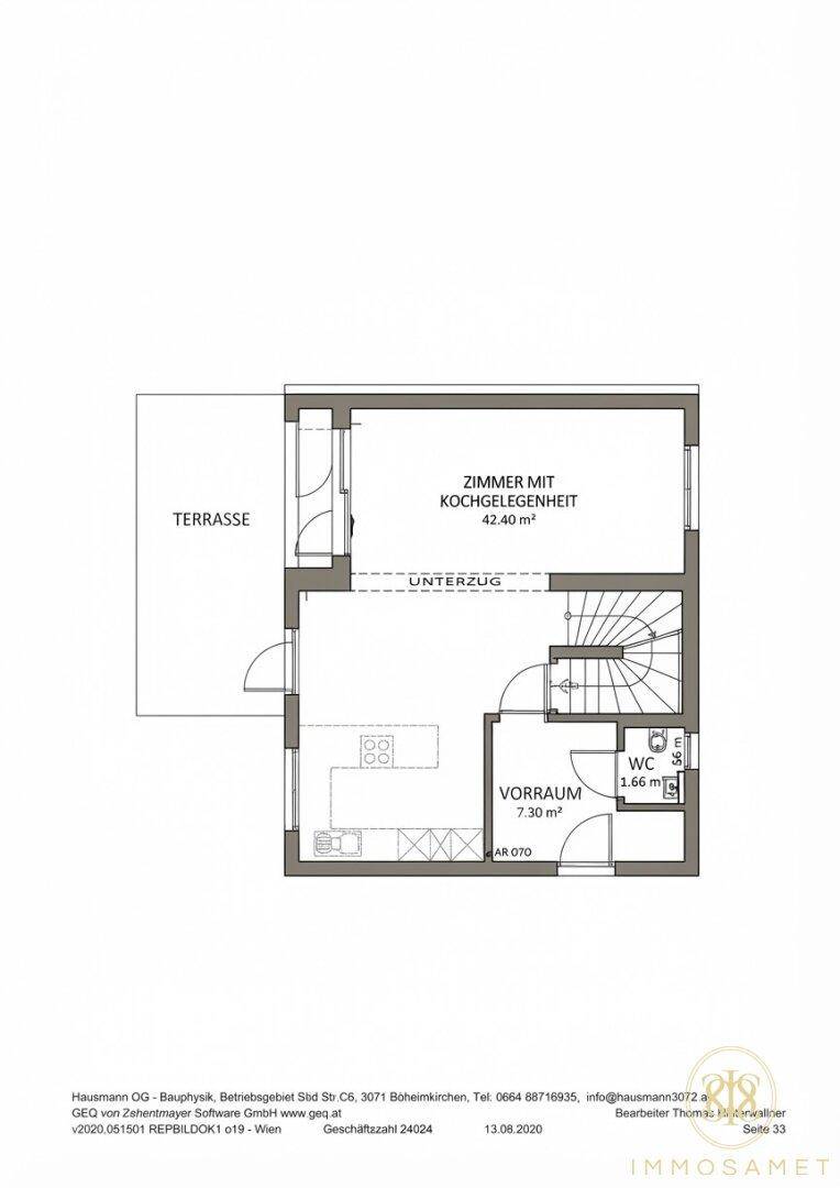 Grundriss des Erdgeschosses mit Zimmer, Kochgelegenheit, Vorraum und Zugang zur Terrasse.