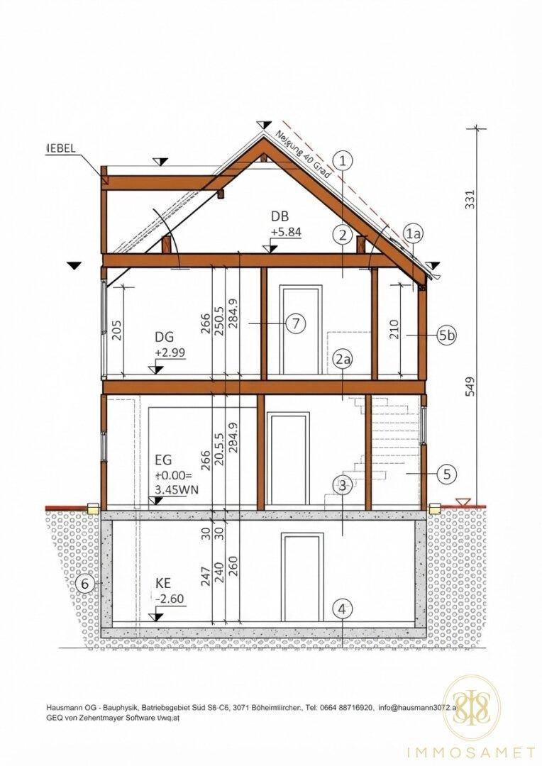 Architektonischer Schnittplan eines Hauses mit Keller, Erdgeschoss, Obergeschoss und Dachkonstruktion.