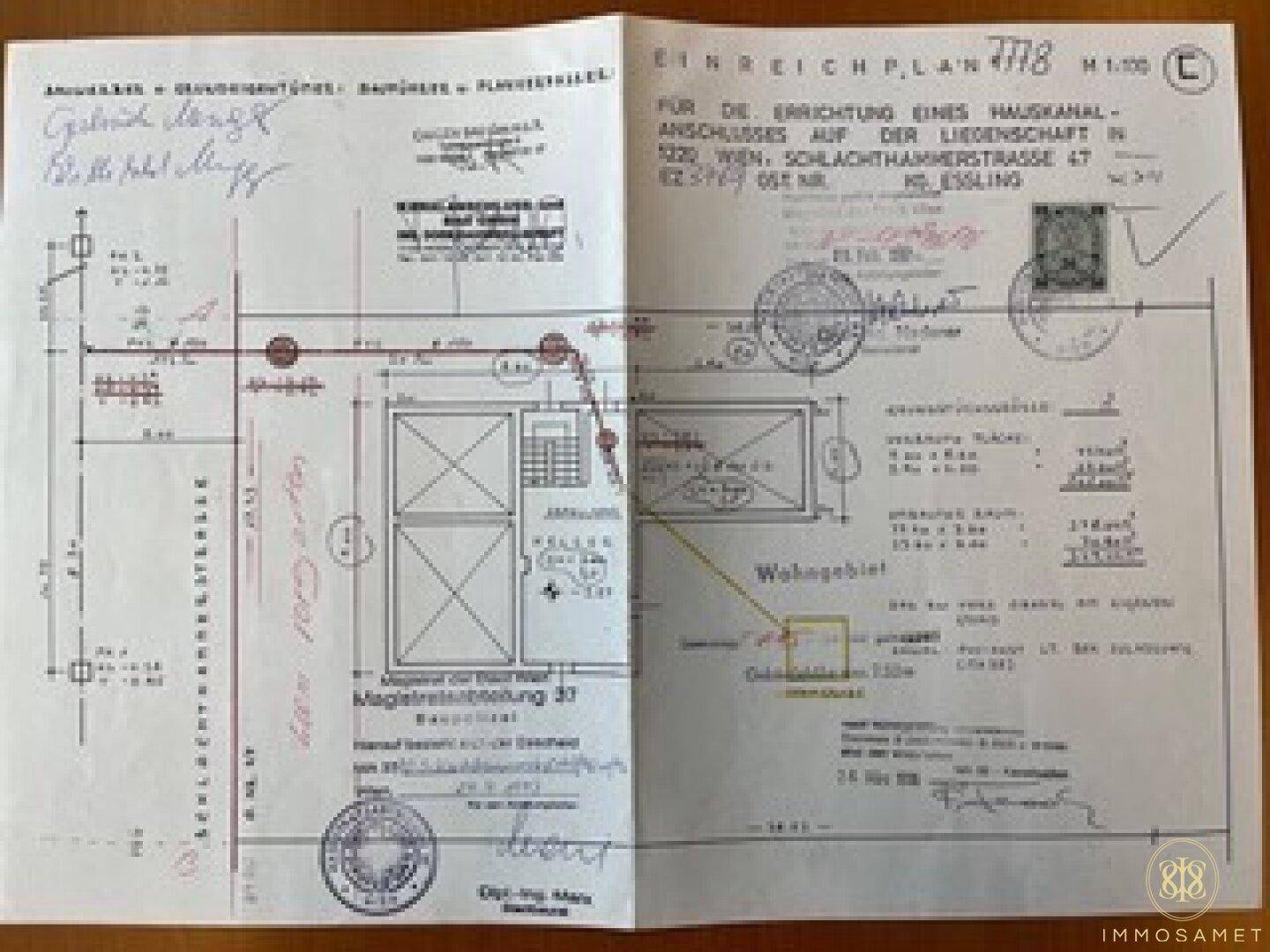 Einreichplan für einen Hauskanalanschluss mit Lageplan und Grundstücksdetails, inklusive Stempel.