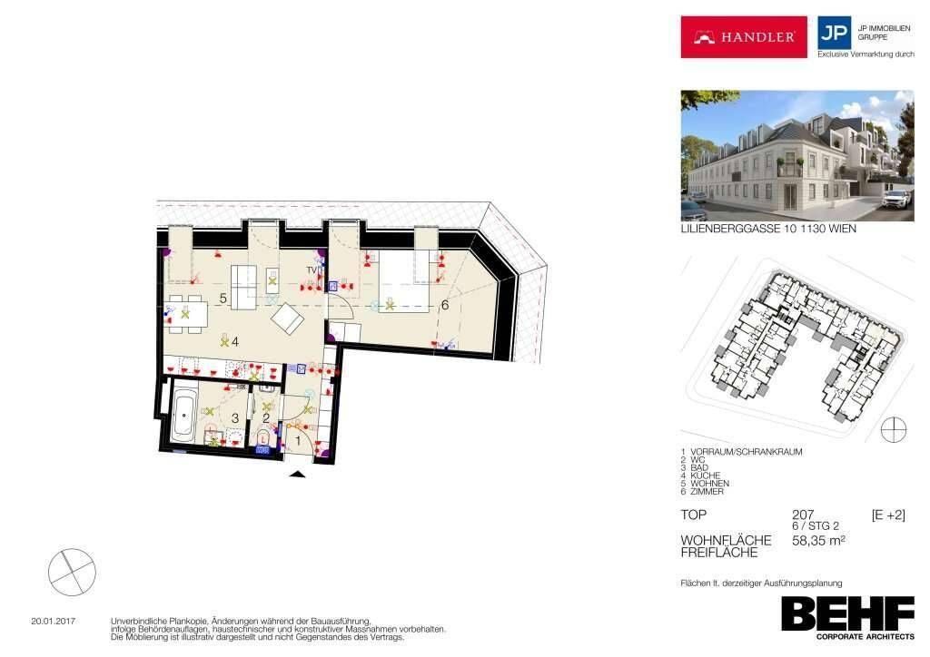 Grundriss einer Wohnung mit 58,35 m² Wohnfläche und Balkon.