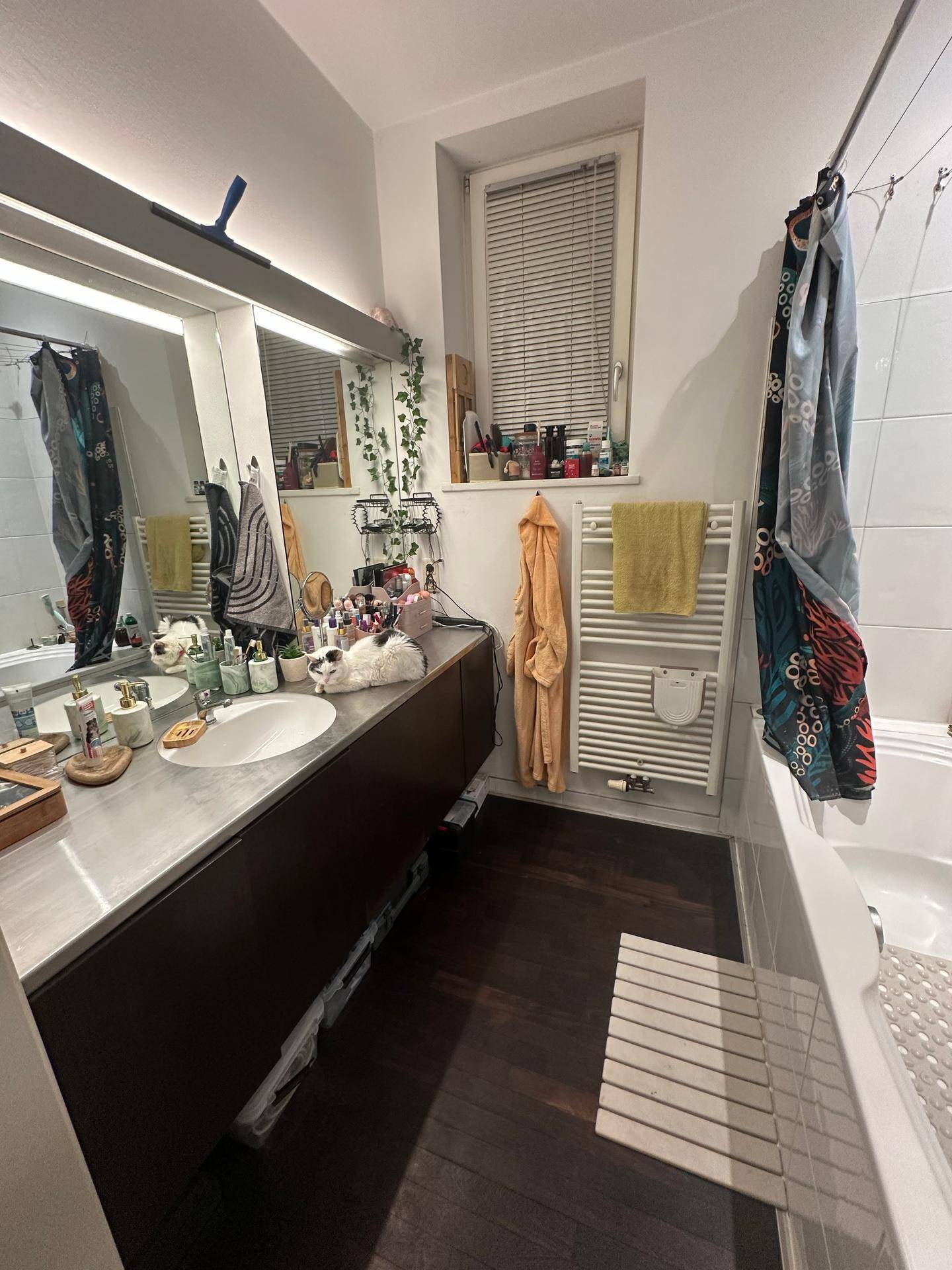 Helles Badezimmer mit Badewanne, Duschfunktion, Einzelwaschbecken und Fenster.