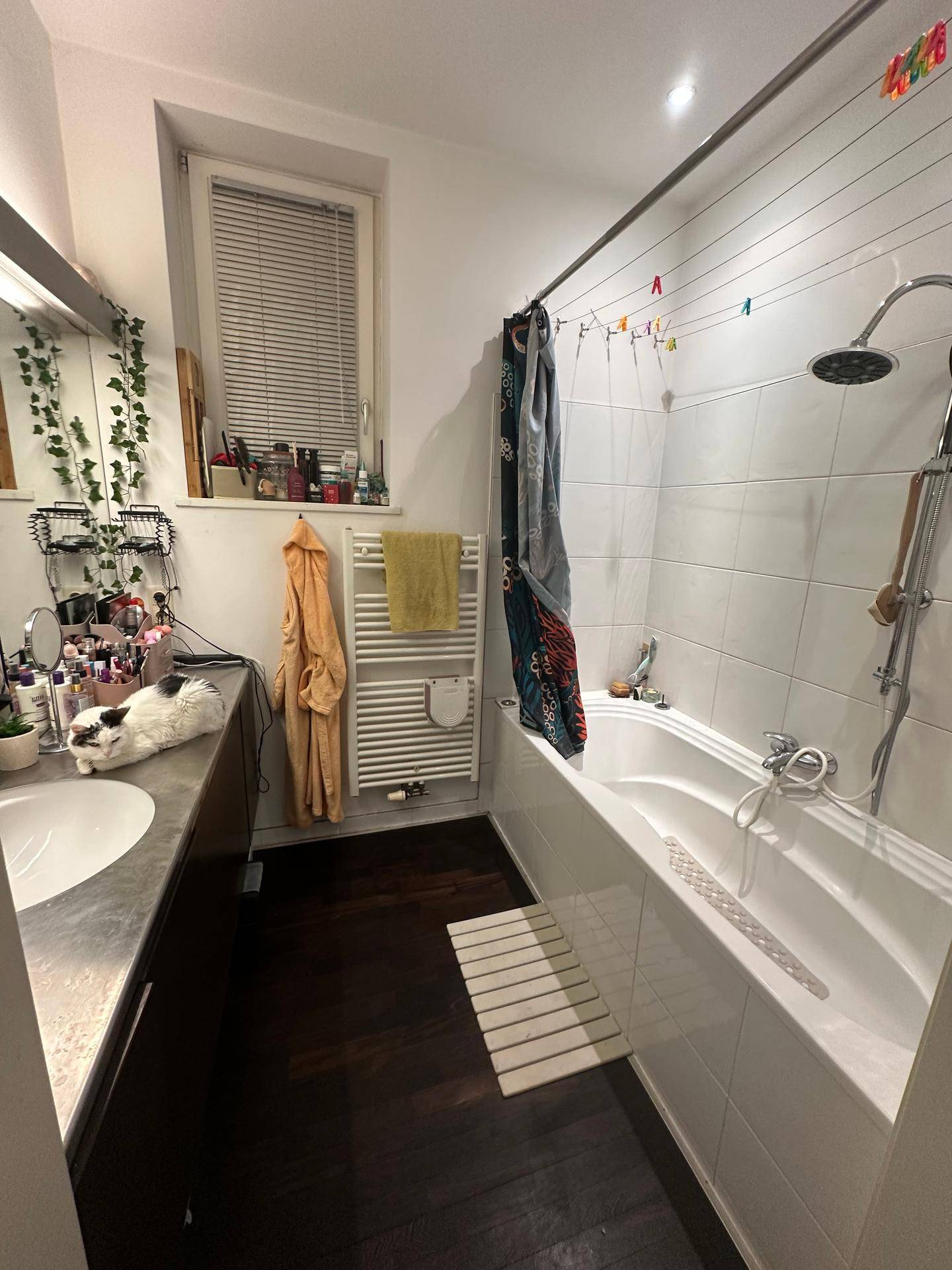 Badezimmer mit Badewanne, integrierter Dusche, Einzelwaschbecken und Fenster.