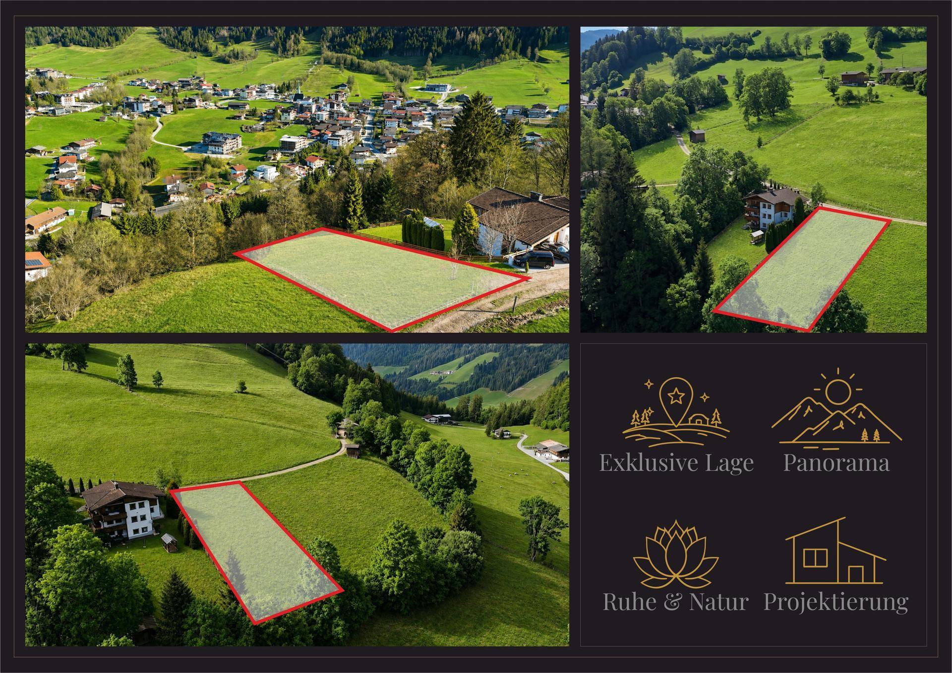 Luftaufnahmen von Baugrundstücken in exklusiver Lage mit Panoramablick und umgeben von grüner Natur.