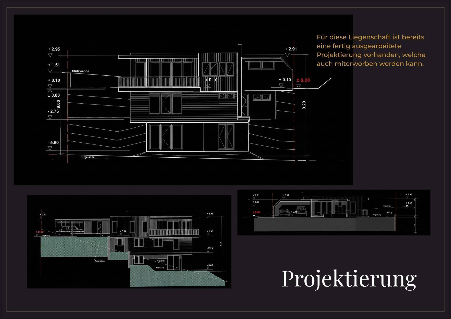 Architektonische Zeichnungen und Schnitte eines geplanten Gebäudes mit Maßangaben.