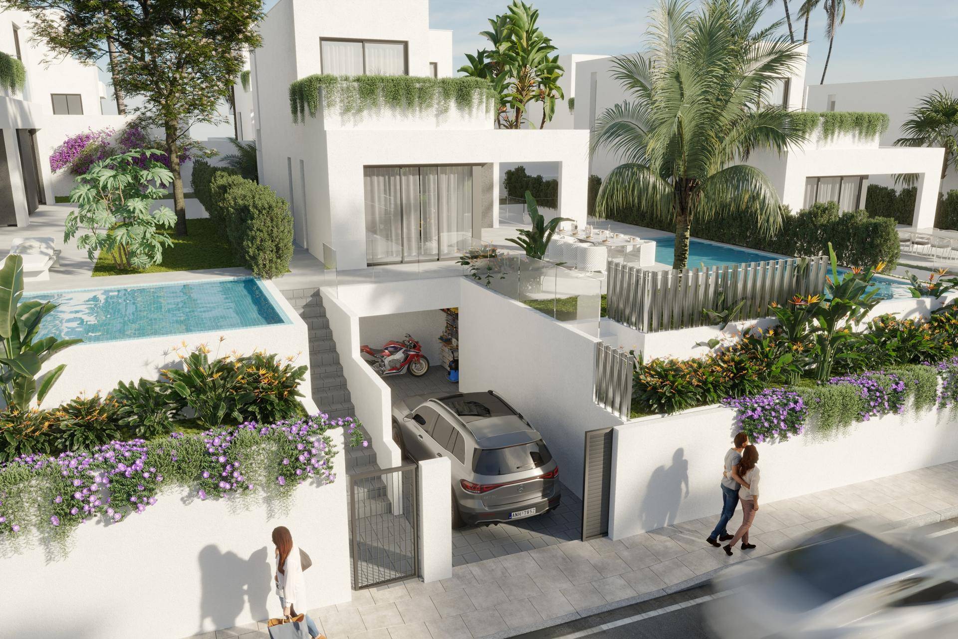 Moderne Villa mit privatem Pool, integrierter Garage und üppiger Bepflanzung im Außenbereich.