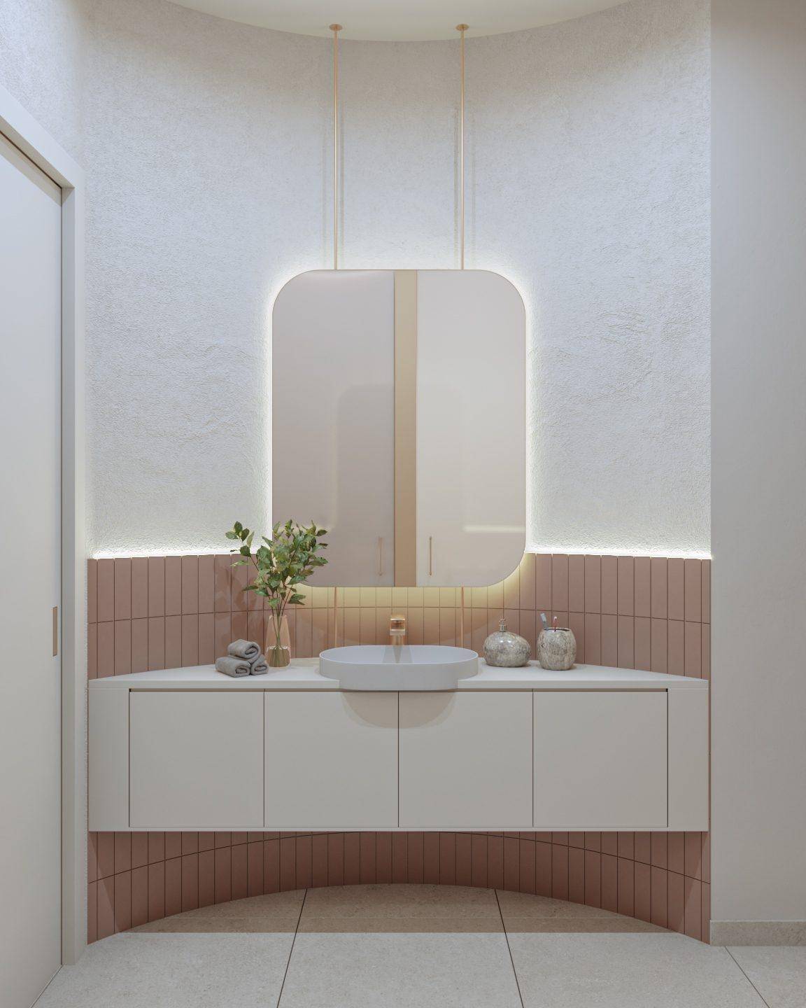 Stilvoller Badezimmer-Waschtisch mit geschwungenem Design, beleuchtetem Spiegel und modernem Waschbecken.