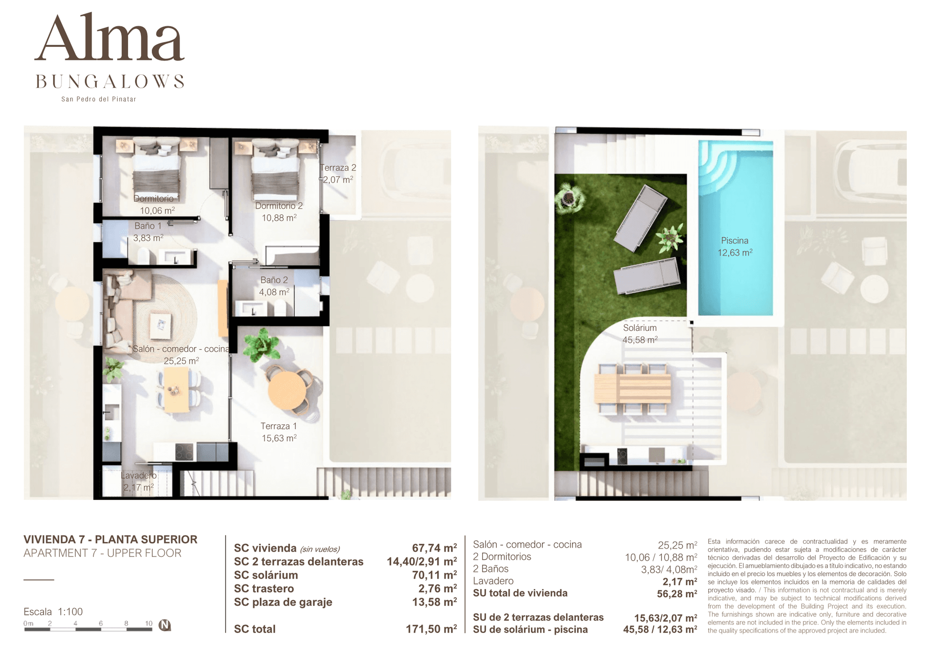 Grundriss der Obergeschosswohnung mit zwei Schlafzimmern, zwei Bädern und Dachterrasse mit Pool.