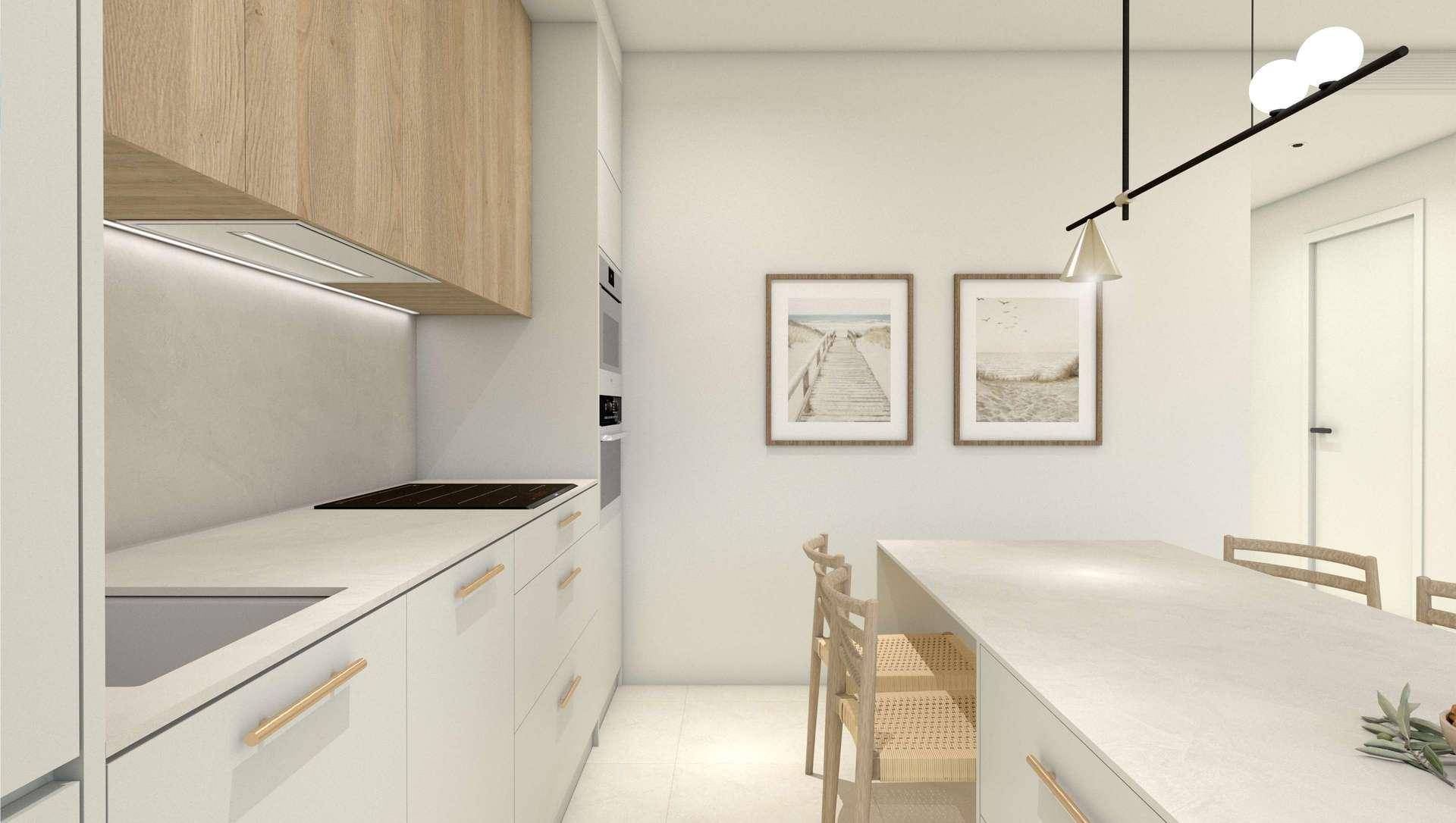 Detailansicht einer modernen Küche mit hellen Fronten, Holzdetails und integrierten Geräten.