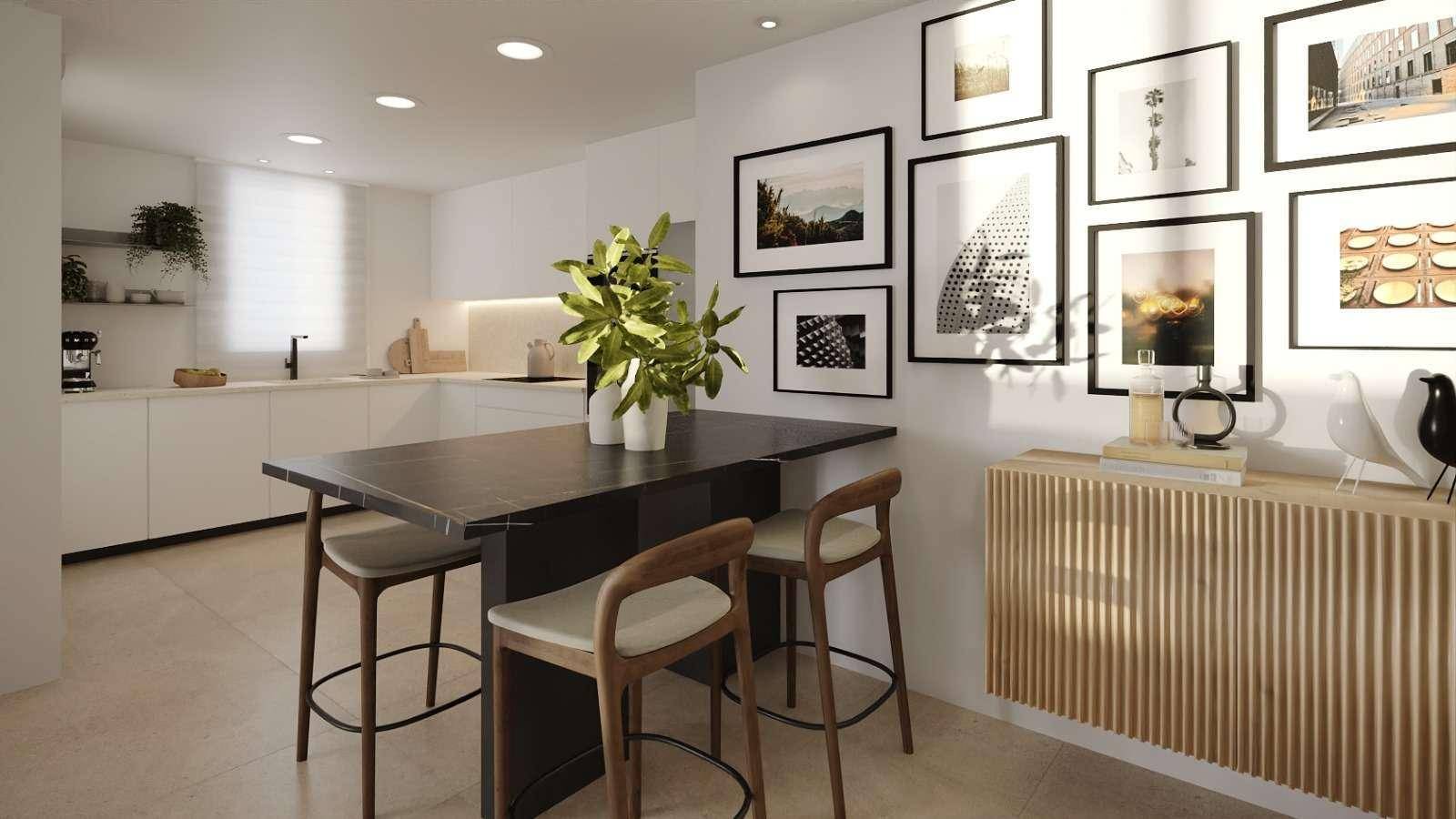 Moderne Küche mit Essbereich, Kücheninsel und integrierten Geräten in minimalistischem Design.