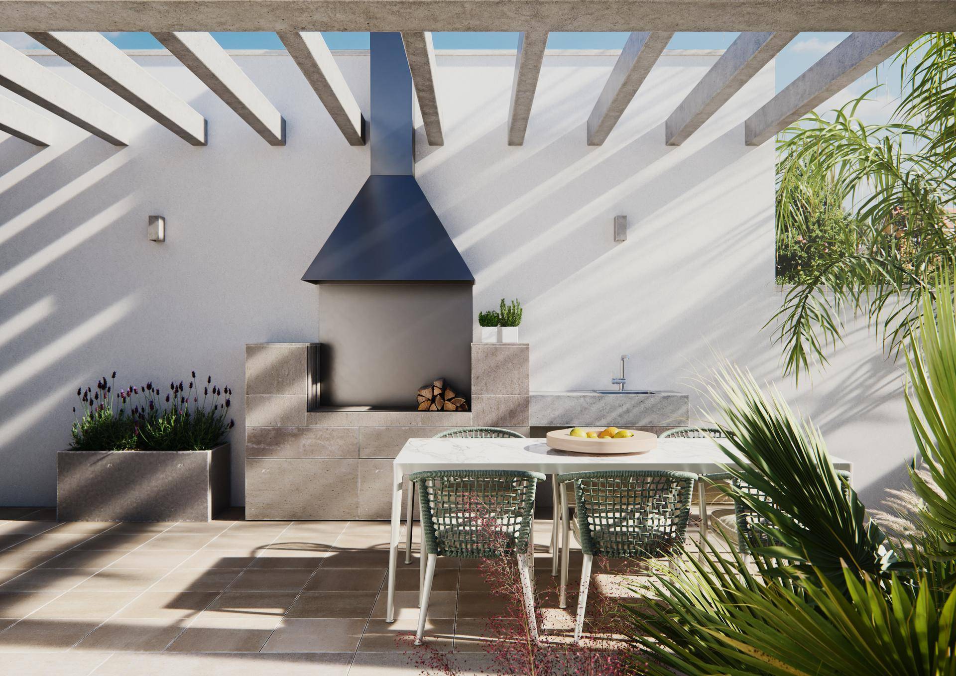 Überdachter Außenbereich mit moderner Grillküche, Essplatz und Pergola für gesellige Abende.