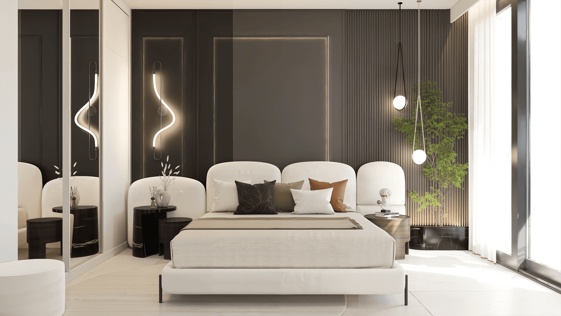 Elegantes Schlafzimmer mit hellem Bett, modernen Leuchten und großzügigen Fenstern, die viel Licht hereinlassen.