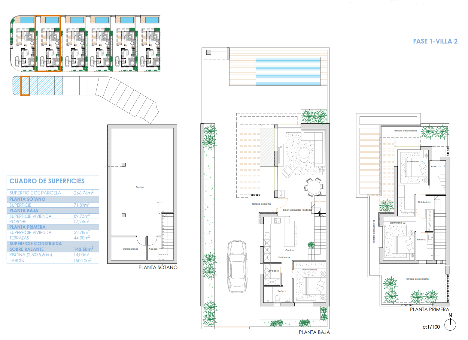 Detaillierter Grundriss einer Villa mit drei Etagen, Pool und Garten.