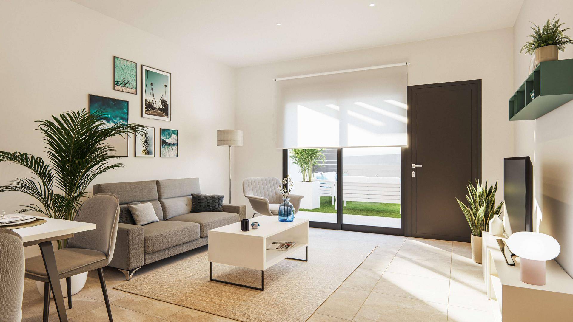 Helles Wohnzimmer mit modernem Mobiliar, Fliesenboden und direktem Zugang zur Terrasse.