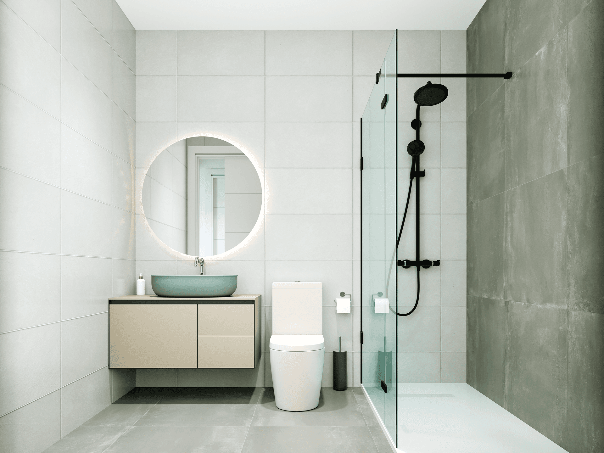 Modernes Badezimmer mit begehbarer Dusche, elegantem Waschtisch und runden Spiegel mit Beleuchtung.