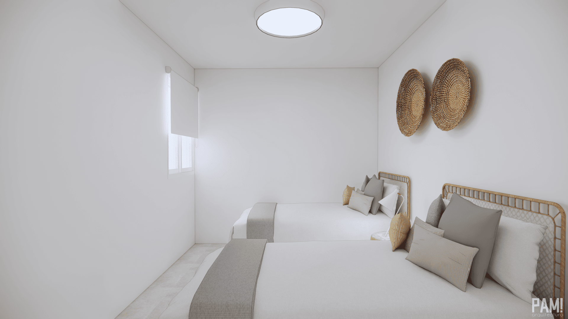 Helles Schlafzimmer mit zwei Einzelbetten und minimalistischer Dekoration.