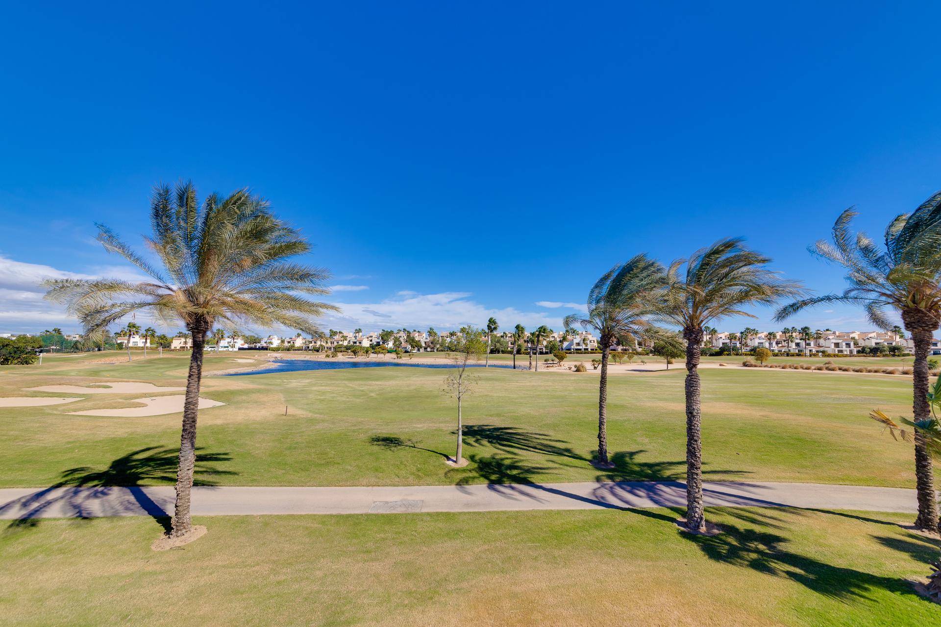 Malerische Aussicht auf eine weitläufige Golflandschaft mit Palmen und einem See unter strahlend blauem Himmel.