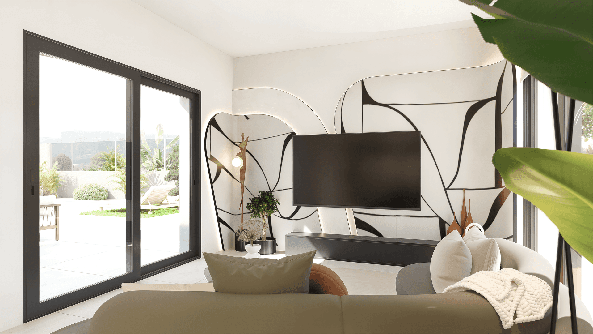 Wohnzimmer mit großem Fernseher, modernen Kunstwerken an der Wand und Zugang zum Außenbereich.