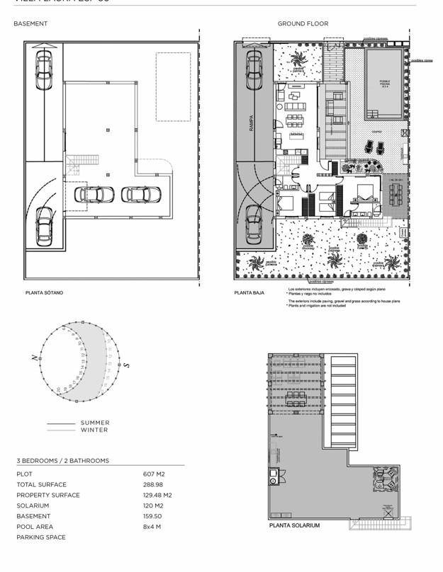 Übersicht der Grundrisse für Keller, Erdgeschoss und Solarium mit Flächenangaben.