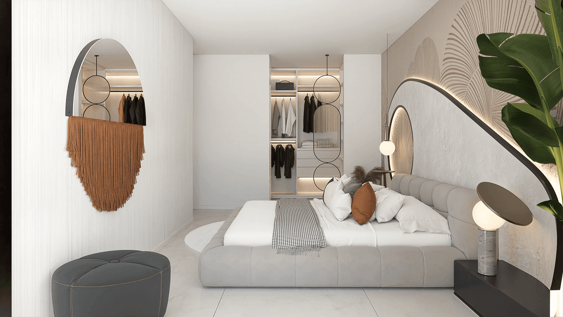 Schlafzimmer mit integriertem Kleiderschrank, modernem Design und indirekter Beleuchtung.